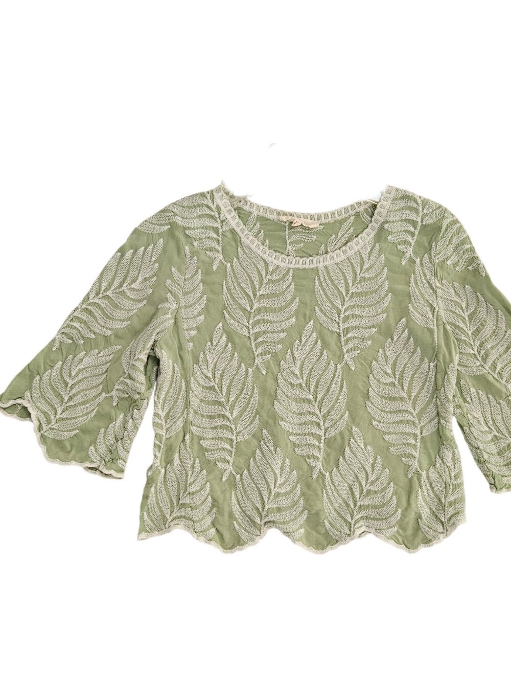 Solitaire Tropical Blouse Green Embroidered Leaves Crop 1/2 Sleeves Beach Womens